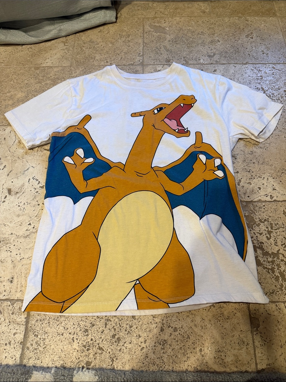 Pokemon White Tee with Large Orange Charizard and Blue Wings